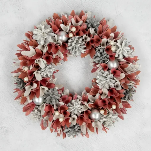 Best 13" Pink and White Wooden Floral Christmas Wreath with Pinecones Pre Decorated