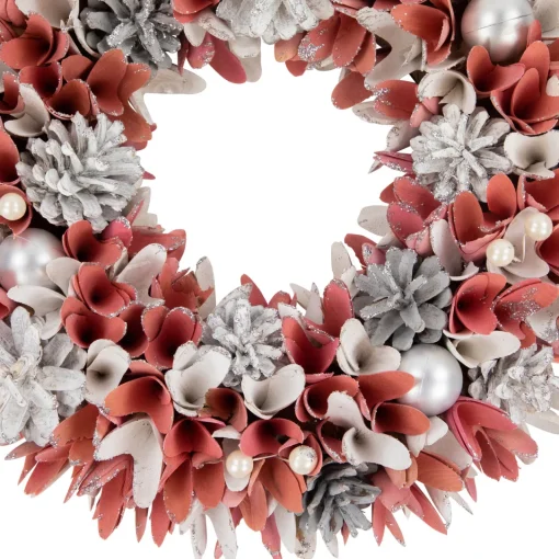 Best 13" Pink and White Wooden Floral Christmas Wreath with Pinecones Pre Decorated