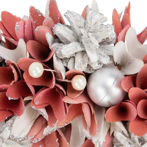 Best 13" Pink and White Wooden Floral Christmas Wreath with Pinecones Pre Decorated