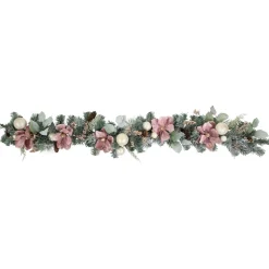 Best 6' Pink Floral and Ball Ornament Frosted Pine Artificial Christmas Garland Pre Decorated