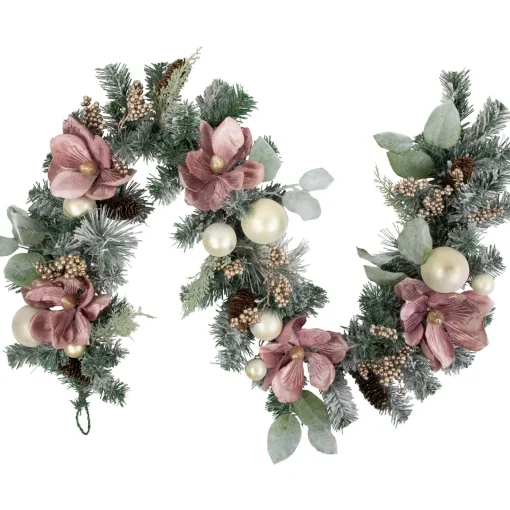 Best 6' Pink Floral and Ball Ornament Frosted Pine Artificial Christmas Garland Pre Decorated