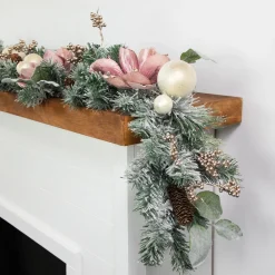 Best 6' Pink Floral and Ball Ornament Frosted Pine Artificial Christmas Garland Pre Decorated