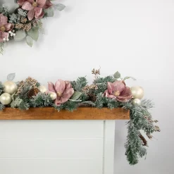 Best 6' Pink Floral and Ball Ornament Frosted Pine Artificial Christmas Garland Pre Decorated