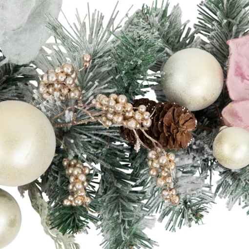 Best 6' Pink Floral and Ball Ornament Frosted Pine Artificial Christmas Garland Pre Decorated