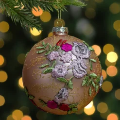 Discount 4.5" Pink Floral Applique Glass Ball Christmas Ornament Garden & Floral