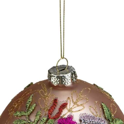 Discount 4.5" Pink Floral Applique Glass Ball Christmas Ornament Garden & Floral