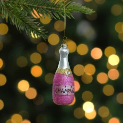 Hot 5.25" Pink Glittered "CHEERS" Champagne Bottle Glass Christmas Ornament Food & Beverage