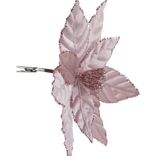 Sale 10" Pink Glittered Poinsettia Christmas Floral Pick Clip-On Ornament Garden & Floral