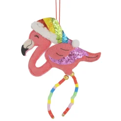 Clearance 7.5" Pink Plush Flamingo with Rainbow Santa Hat Christmas Ornament Animals
