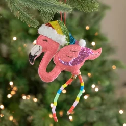 Clearance 7.5" Pink Plush Flamingo with Rainbow Santa Hat Christmas Ornament Animals