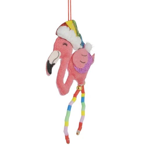 Clearance 7.5" Pink Plush Flamingo with Rainbow Santa Hat Christmas Ornament Animals