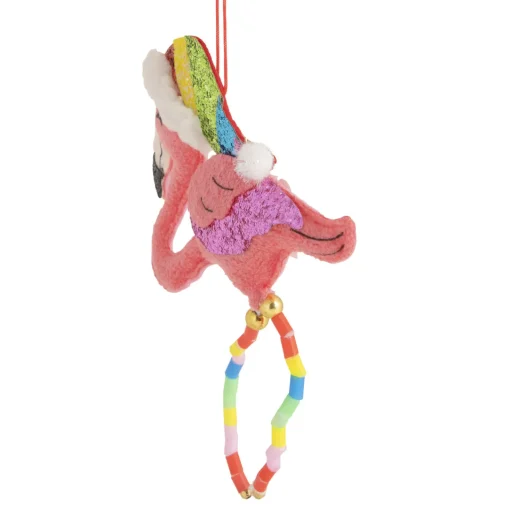 Clearance 7.5" Pink Plush Flamingo with Rainbow Santa Hat Christmas Ornament Animals