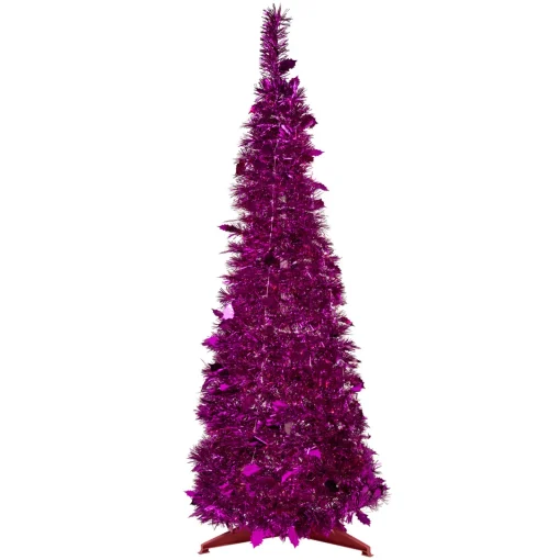 Clearance 6' Pink Tinsel Pop-Up Artificial Christmas Tree, Unlit Pop Up
