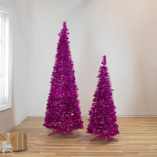 Clearance 6' Pink Tinsel Pop-Up Artificial Christmas Tree, Unlit Pop Up