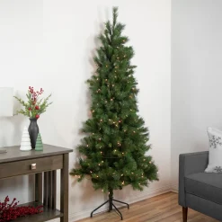 Best 6.5' Pre-Lit Medium Beaver Pine Artificial Christmas Wall Tree, Clear Lights Wall Trees