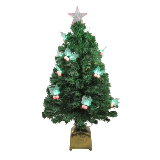 New 3' Pre-Lit Medium Profile Holly Berries Artificial Christmas Tree - Multi-Color LED Lights Fiber Optic