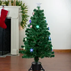 New 4' Pre-lit Potted Medium Pine Color Changing Star Artificial Christmas Tree - Multi-Color Fiber Optic LED Lights Fiber Optic