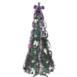 Hot 6' Pre-Lit Purple and Silver Pre-Decorated Pop-Up Artificial Christmas Tree, Clear Lights Pop Up