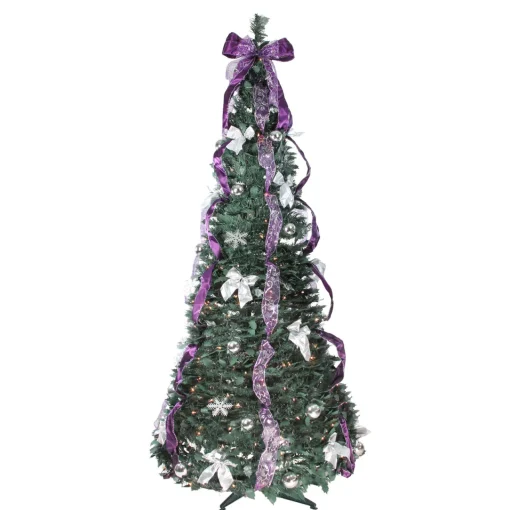 Hot 6' Pre-Lit Purple and Silver Pre-Decorated Pop-Up Artificial Christmas Tree, Clear Lights Pop Up