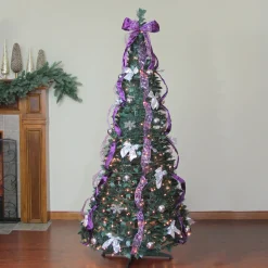 Hot 6' Pre-Lit Purple and Silver Pre-Decorated Pop-Up Artificial Christmas Tree, Clear Lights Pop Up