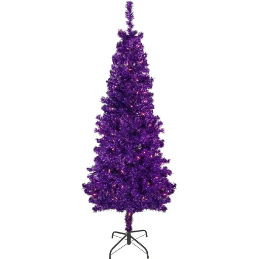 Discount 6' Pre-Lit Purple Artificial Tinsel Christmas Tree, Clear Lights Colorful