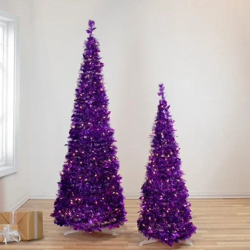 Online 6' Pre-Lit Purple Tinsel Pop-Up Artificial Christmas Tree, Clear Lights Pop Up