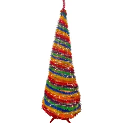 Hot 6' Pre-Lit Rainbow Tinsel Pop-Up Artificial Christmas Tree, Clear Lights Pop Up