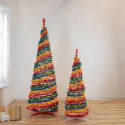 Hot 4' Pre-Lit Rainbow Tinsel Pop-Up Artificial Christmas Tree, Clear Lights Pop Up