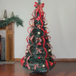 Clearance 6' Pre-Lit Red Plaid Pre-Decorated Pop-Up Artificial Christmas Tree, Multicolor Lights Pop Up