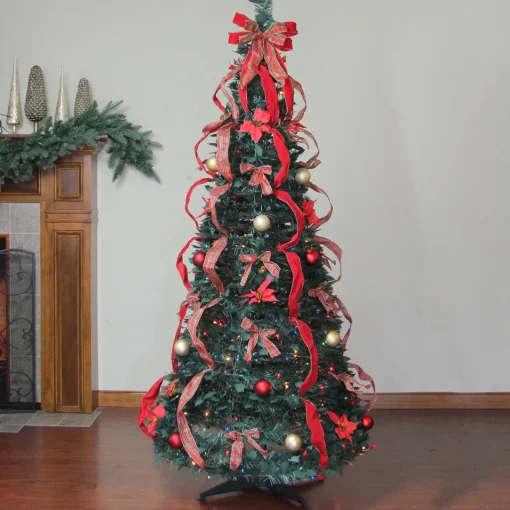 Clearance 6' Pre-Lit Red Plaid Pre-Decorated Pop-Up Artificial Christmas Tree, Multicolor Lights Pop Up