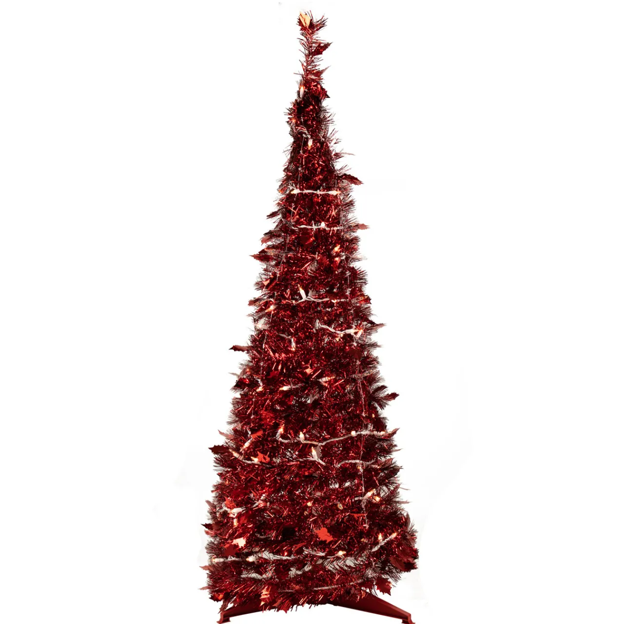 Sale 4' Pre-Lit Red Pop-Up Tinsel Christmas Tree, Clear Lights Pop Up