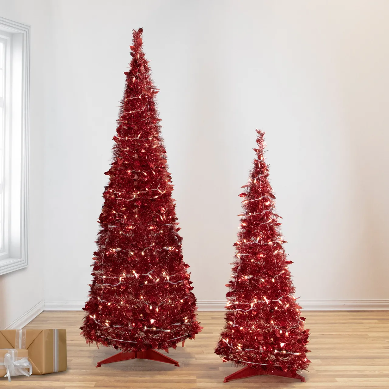 Sale 4' Pre-Lit Red Pop-Up Tinsel Christmas Tree, Clear Lights Pop Up