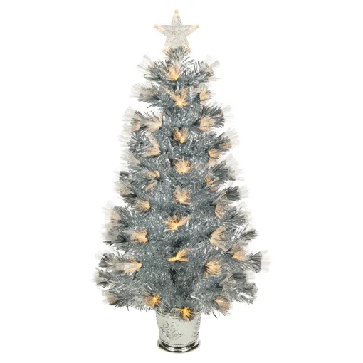 Hot 3' Pre-Lit Silver Fiber Optic Artificial Christmas Tree, Warm White Lights Fiber Optic