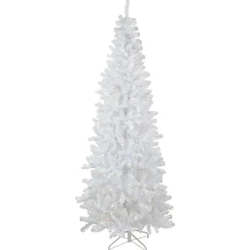 Discount 7.5' Pre-Lit White Georgian Pine Pencil Artificial Christmas Tree, Warm White LED Lights Colorful