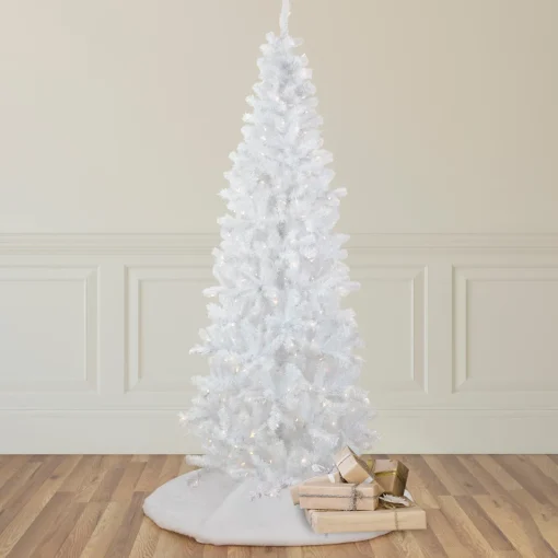Discount 7.5' Pre-Lit White Georgian Pine Pencil Artificial Christmas Tree, Warm White LED Lights Colorful