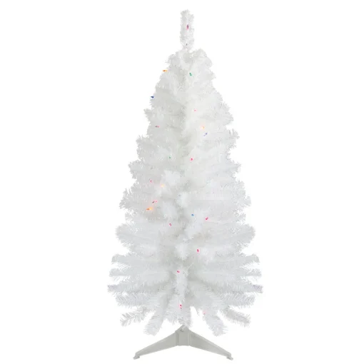 Hot 4' Pre-Lit White Pine Slim Artificial Christmas Tree - Multi Lights Pre-Lit