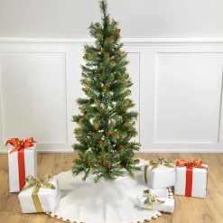 Sale 4.5' Pre-Lit Yorkville Pine Pencil Artificial Christmas Tree - Multicolored Lights Flocked