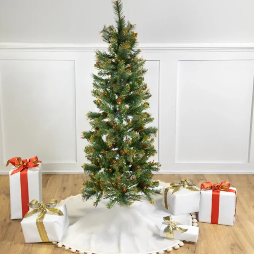 Sale 4.5' Pre-Lit Yorkville Pine Pencil Artificial Christmas Tree - Multicolored Lights Flocked
