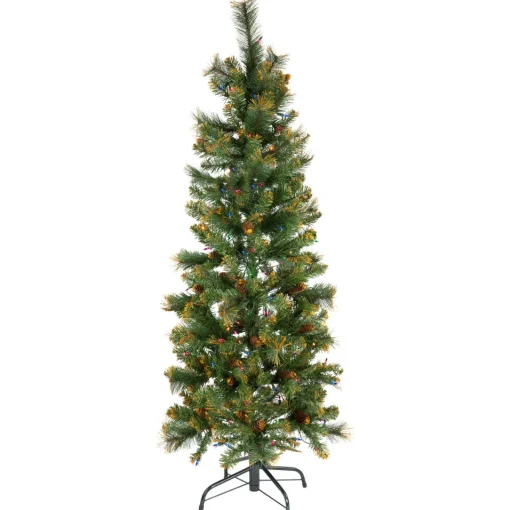 Sale 4.5' Pre-Lit Yorkville Pine Pencil Artificial Christmas Tree - Multicolored Lights Flocked