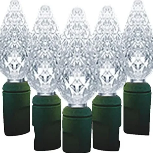 Clearance 70 Pure White LED Faceted C6 Twinkling Christmas Lights - 23.5 ft Green Wire C5 & C6 Lights