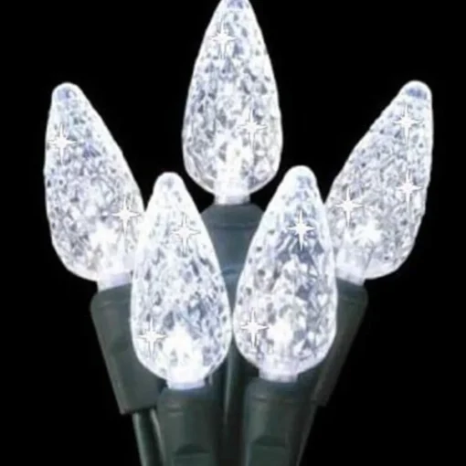 Clearance 70 Pure White LED Faceted C6 Twinkling Christmas Lights - 23.5 ft Green Wire C5 & C6 Lights