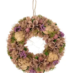 Clearance 12" Purple and Beige Wooden Floral Spring Wreath with Preserved Artichoke Pre Decorated