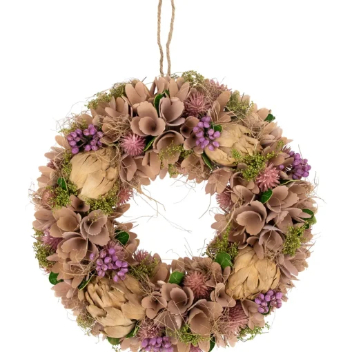 Clearance 12" Purple and Beige Wooden Floral Spring Wreath with Preserved Artichoke Pre Decorated