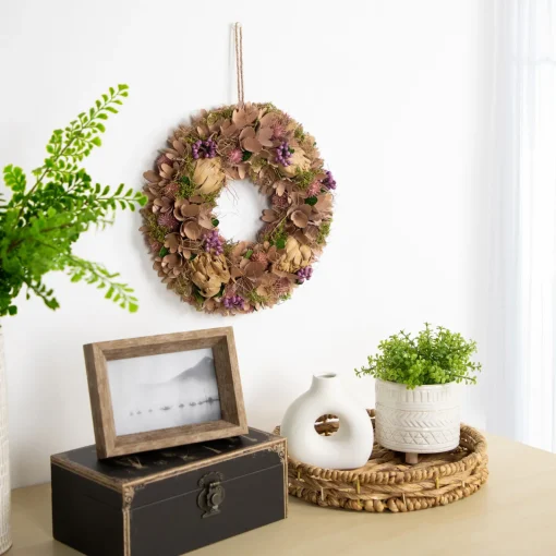 Clearance 12" Purple and Beige Wooden Floral Spring Wreath with Preserved Artichoke Pre Decorated