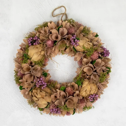 Clearance 12" Purple and Beige Wooden Floral Spring Wreath with Preserved Artichoke Pre Decorated