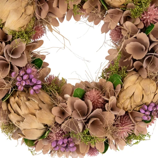Clearance 12" Purple and Beige Wooden Floral Spring Wreath with Preserved Artichoke Pre Decorated