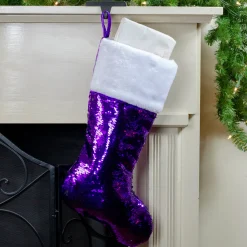 Clearance 23" Purple and Silver Reversible Sequined Christmas Stocking with Faux Fur Cuff Stockings