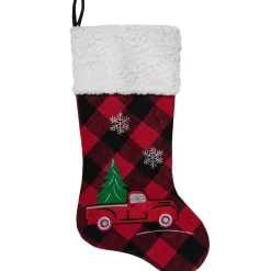 Outlet 20.5" Red and Black Plaid Christmas Stocking With a Vintage Truck Stockings