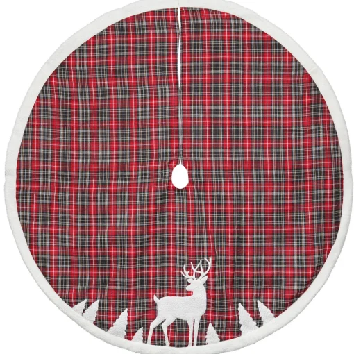 Best 48" Red and Black Plaid Reindeer Christmas Tree Skirt Cloth|Metal