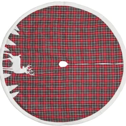 Best 48" Red and Black Plaid Reindeer Christmas Tree Skirt Cloth|Metal